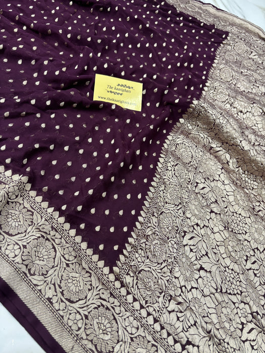 Wine Khaddi Georgette Banarasi Handloom Saree - Water Zari