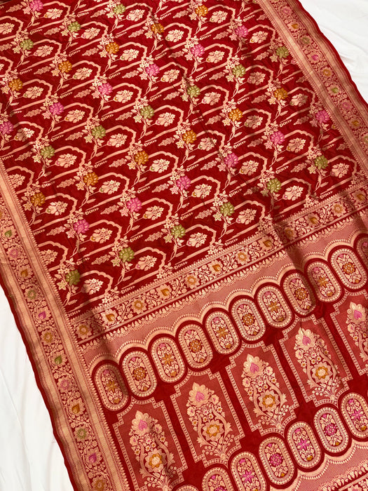 Red Pure Katan Banarasi Handloom Saree - Meenakari Work