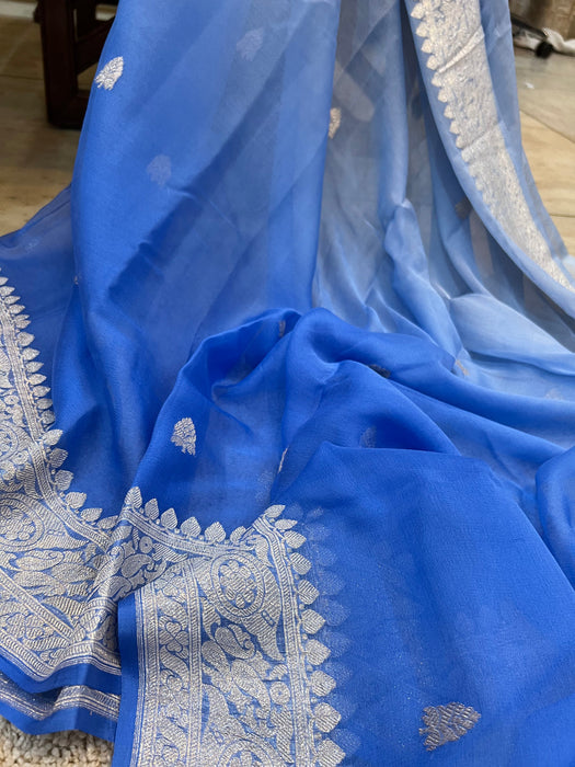 Double Blue Pure Kadhwa Chiffon Georgette Banarasi Saree