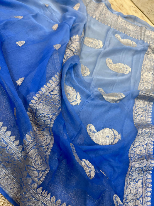 Double Blue Pure Kadhwa Chiffon Georgette Banarasi Saree
