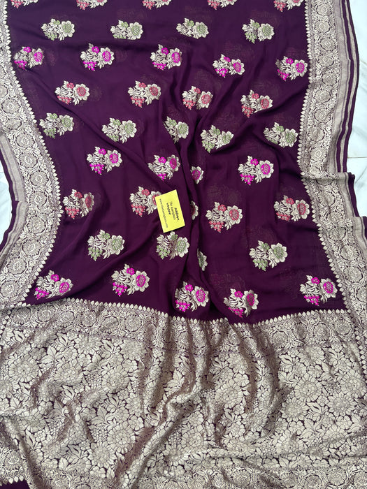 Wine Khaddi Georgette Banarasi Saree - Meenakari