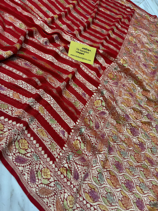 Red Khaddi Georgette Banarasi Handloom Saree - Hand Meenakari