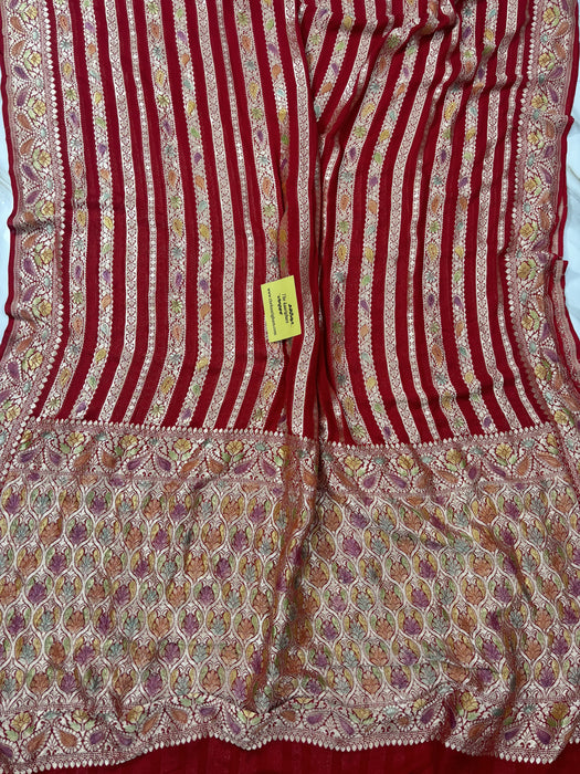 Red Khaddi Georgette Banarasi Handloom Saree - Hand Meenakari