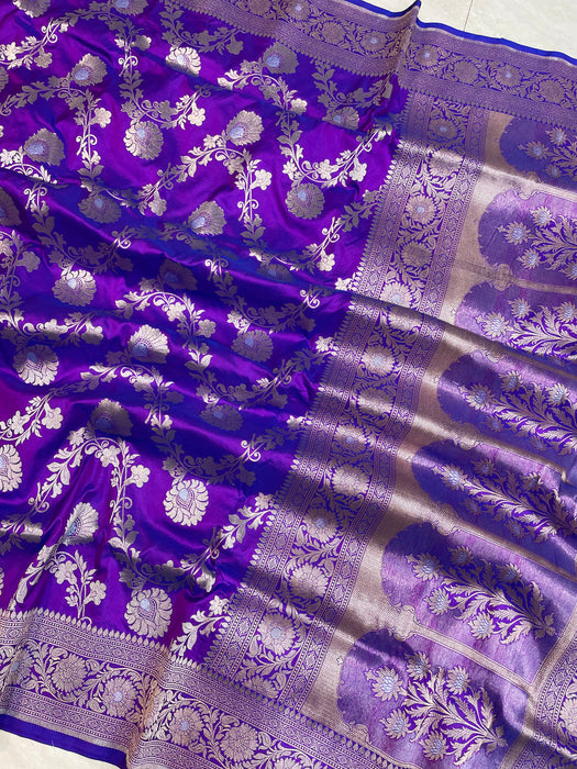 Purple Blue Pure Katan Banarasi Handloom Saree - Dual Shade Sona Roopa Jaal Work