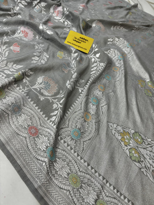 Gray Pure Tussar Georgette Banarasi Handloom Saree - Paithani