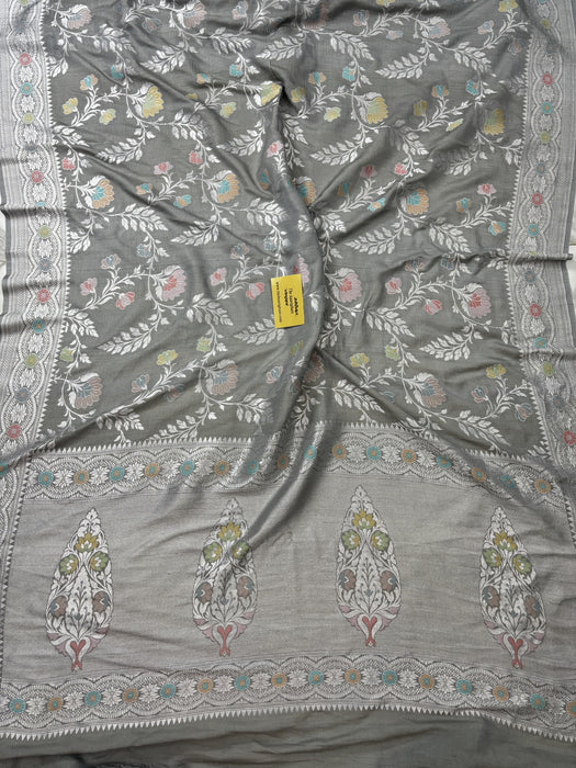 Gray Pure Tussar Georgette Banarasi Handloom Saree - Paithani