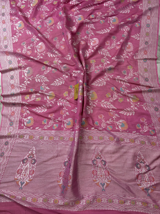 Pink Pure Tussar Georgette Banarasi Handloom Saree - Paithani