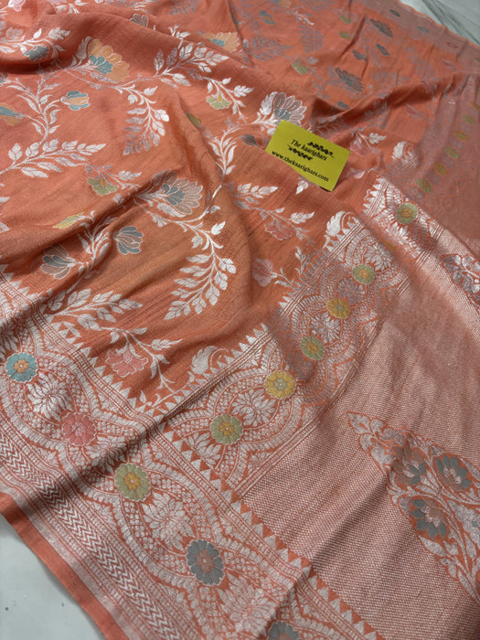 Spanish Peach Pure Tussar Georgette Banarasi Handloom Saree - Paithani