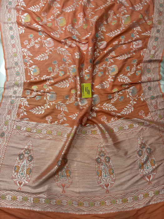 Spanish Peach Pure Tussar Georgette Banarasi Handloom Saree - Paithani