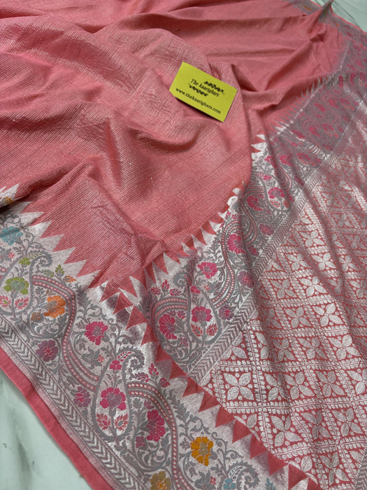Peach Pure Tussar Georgette Banarasi Handloom Saree - Paithani
