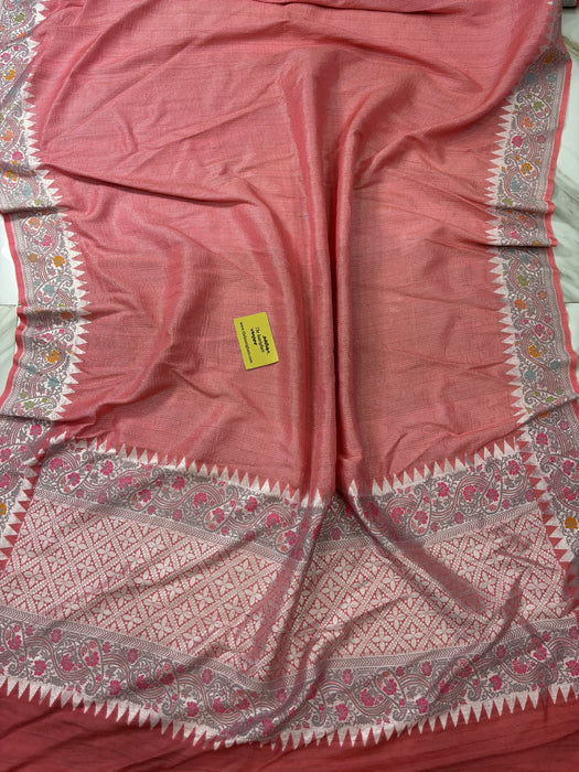Peach Pure Tussar Georgette Banarasi Handloom Saree - Paithani