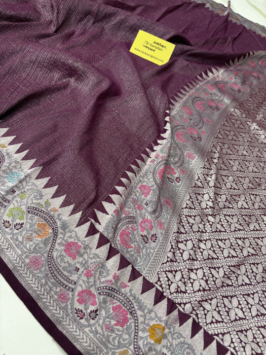 Wine Pure Tussar Georgette Banarasi Handloom Saree - Paithani