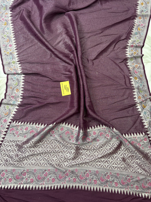 Wine Pure Tussar Georgette Banarasi Handloom Saree - Paithani