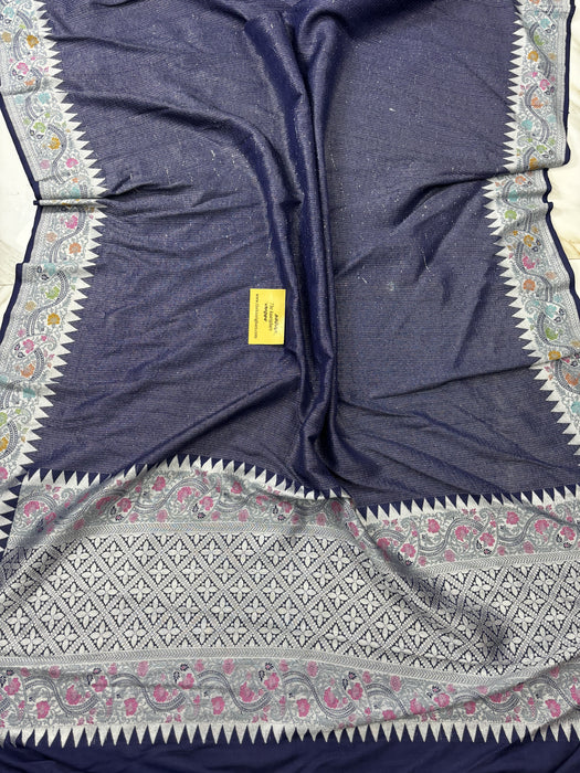 Navy Blue Pure Tussar Georgette Banarasi Handloom Saree - Paithani