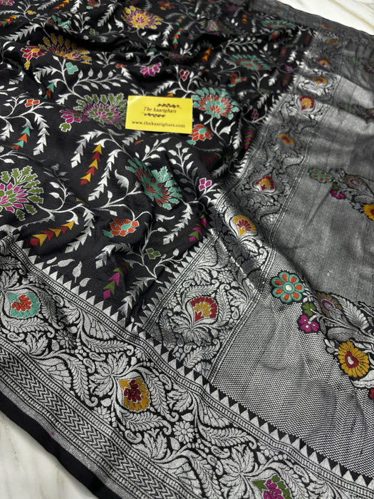 Black Pure Tussar Georgette Banarasi Handloom Saree - Paithani