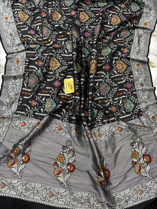 Black Pure Tussar Georgette Banarasi Handloom Saree - Paithani