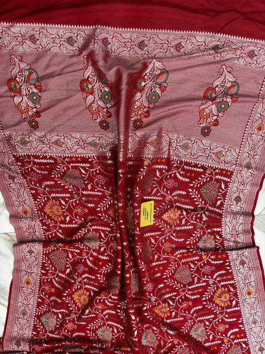 Red Pure Tussar Georgette Banarasi Handloom Saree - Paithani