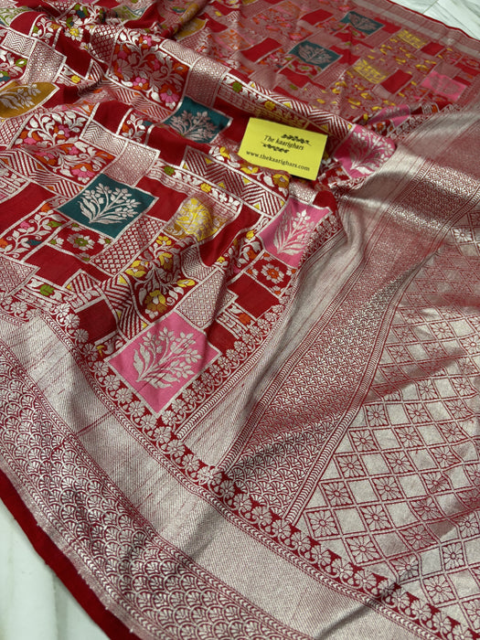 Red Pure Tussar Georgette Banarasi Handloom Saree - Pashmina Jangla Paithani