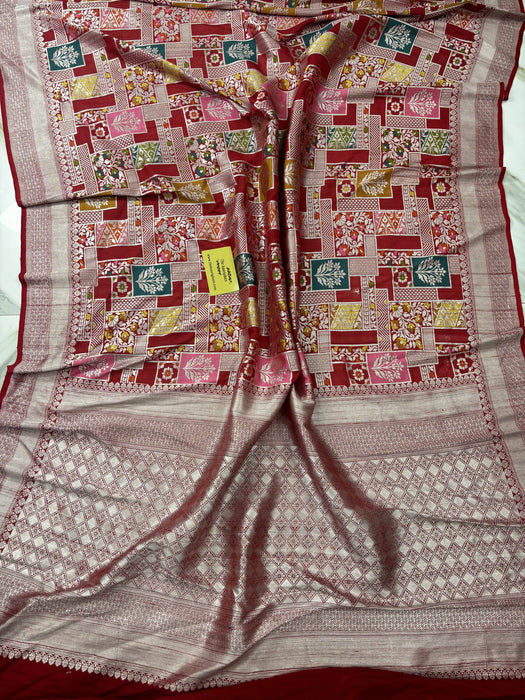 Red Pure Tussar Georgette Banarasi Handloom Saree - Pashmina Jangla Paithani