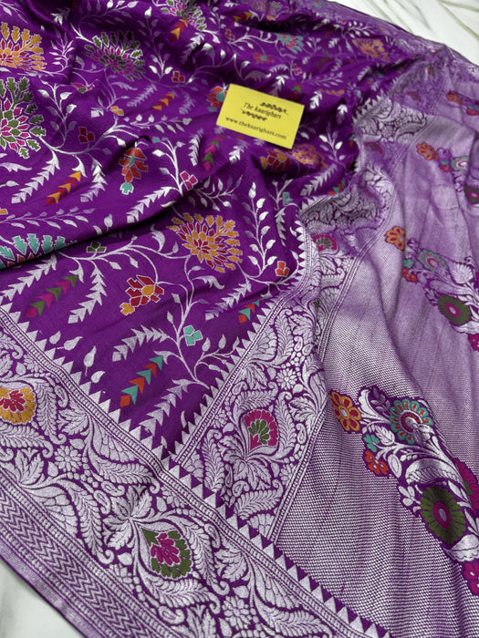 Dark Purple Pure Tussar Georgette Banarasi Handloom Saree - Paithani