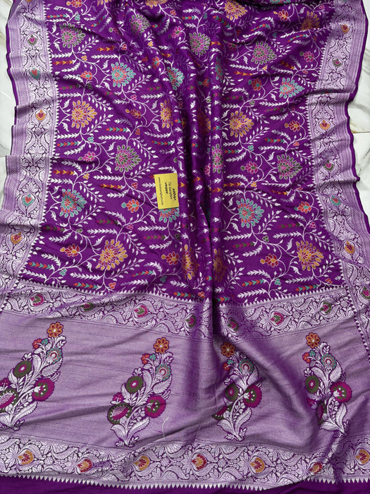 Dark Purple Pure Tussar Georgette Banarasi Handloom Saree - Paithani