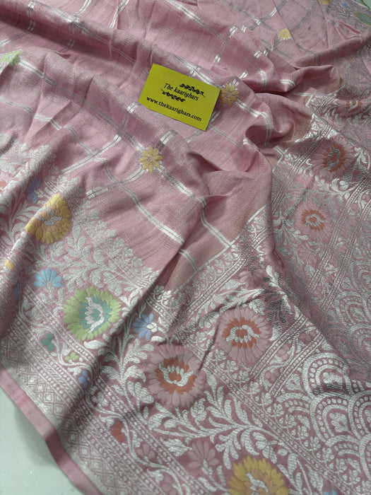 Pastel Pink Pure Tussar Georgette Banarasi Handloom Saree - Paithani