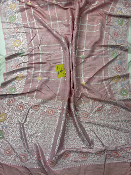 Pastel Pink Pure Tussar Georgette Banarasi Handloom Saree - Paithani