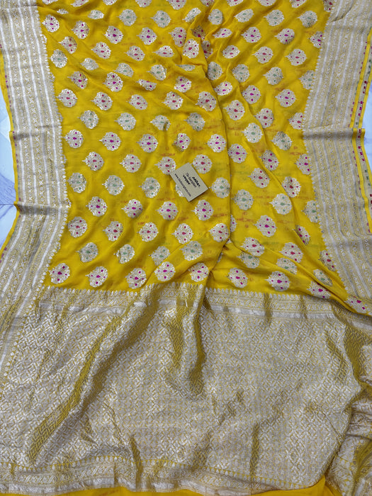 Yellow Khaddi Georgette Banarasi Handloom Saree - Meenakari