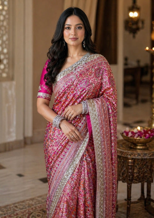 Pink Pure Katan Banarasi Handloom Saree - All over Zardozi
