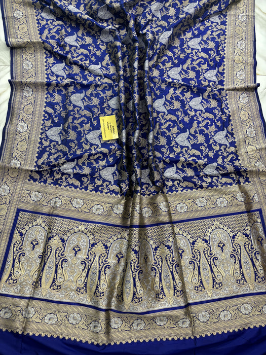 Deep Sapphire Pure Katan Silk Banarasi Handloom Saree - Sona Roopa Jaal Work
