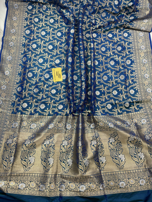 Blue Whale Pure Katan Banarasi Handloom Saree - Sona Roopa Jaal Work