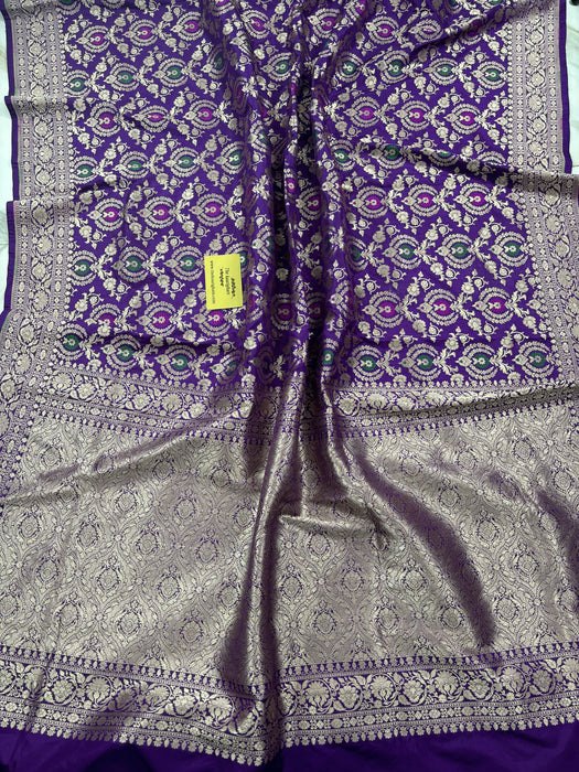 Dark Purple Pure Katan Silk Banarasi Handloom Saree - Sona Meenakari