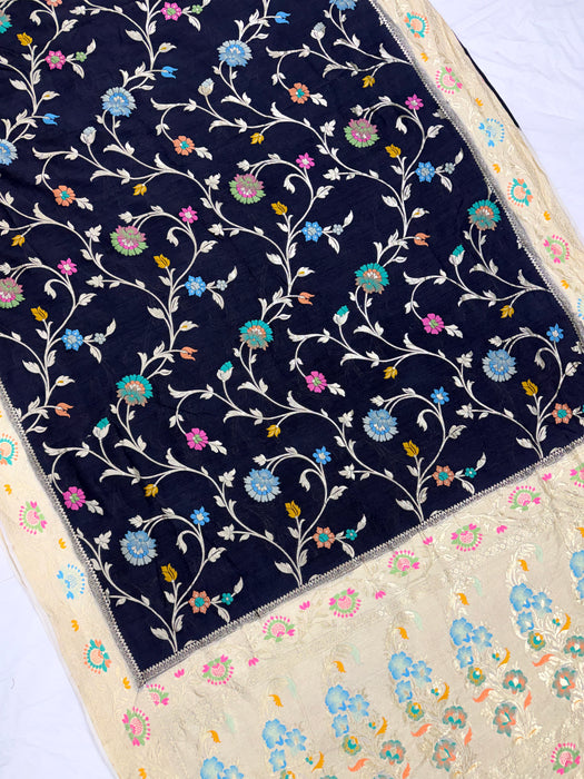 Black and Cream Pure Tussar Georgette Banarasi Handloom Saree - Designer Meenakari