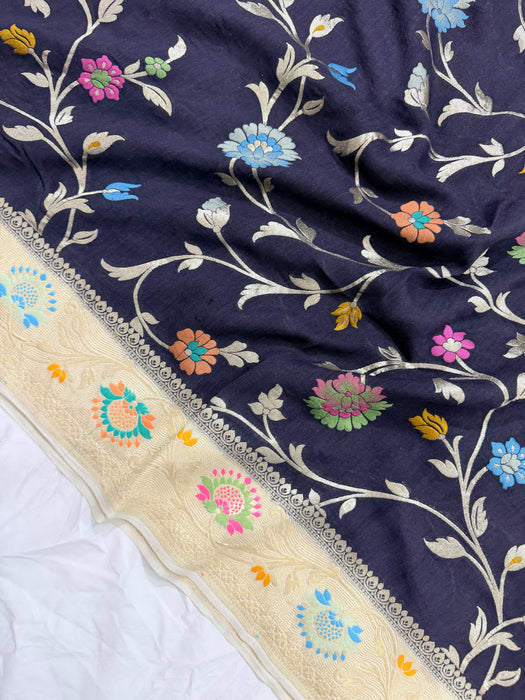 Black and Cream Pure Tussar Georgette Banarasi Handloom Saree - Designer Meenakari