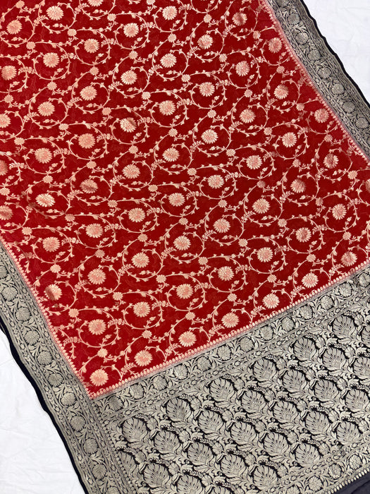 Red Khaddi Georgette Banarasi Handloom Saree - Water Zari Jaal