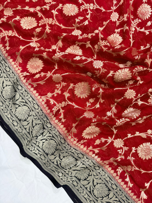 Red Khaddi Georgette Banarasi Handloom Saree - Water Zari Jaal