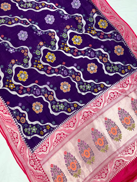 Purple and Pink Pure Tussar Georgette Banarasi Handloom Saree - Designer Meenakari