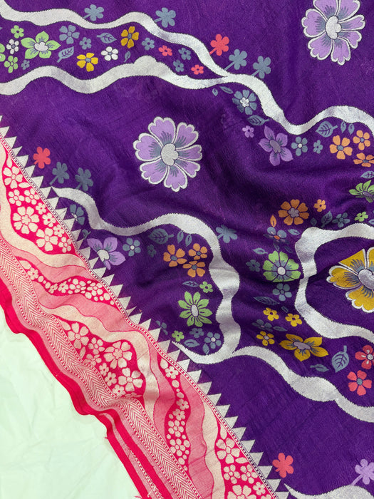Purple and Pink Pure Tussar Georgette Banarasi Handloom Saree - Designer Meenakari