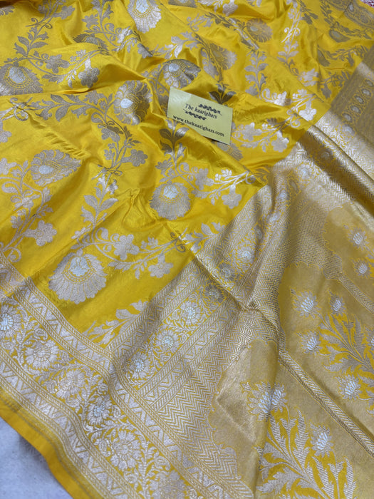 Yellow Pure Katan Silk Banarasi Handloom Saree - Sona Roopa Jaal Work