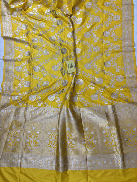 Yellow Pure Katan Silk Banarasi Handloom Saree - Sona Roopa Jaal Work