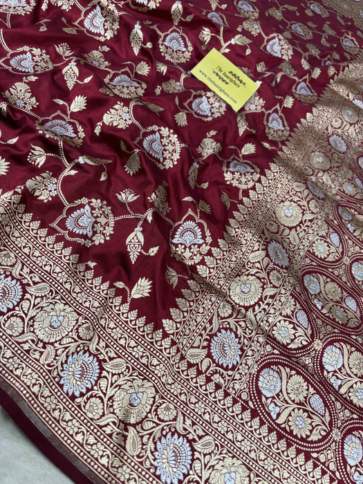 Maroon Pure Katan Silk Banarasi Handloom Saree - Sona Roopa Jaal Work