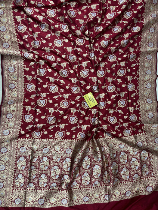 Maroon Pure Katan Silk Banarasi Handloom Saree - Sona Roopa Jaal Work