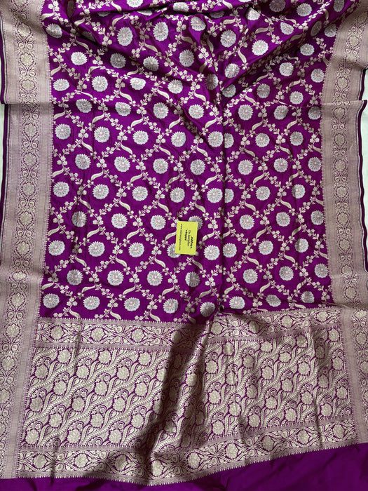 Dark Purple Pure Katan Silk Banarasi Handloom Saree - Sona Roopa Jaal Work