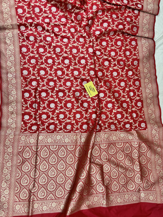 Red Pure Katan Silk Banarasi Handloom Saree - Sona Roopa Jaal Work