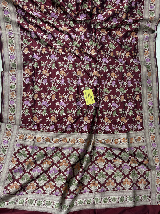 Dark Scarlet Pure Katan Silk Banarasi Handloom Saree - Sona Meenakari
