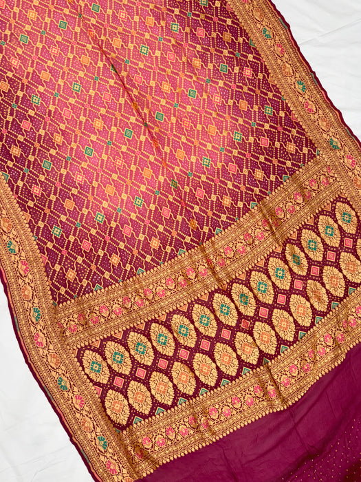 Handwoven Pink Pure Georgette Bandhani Banarasi Saree - Meenakari Work