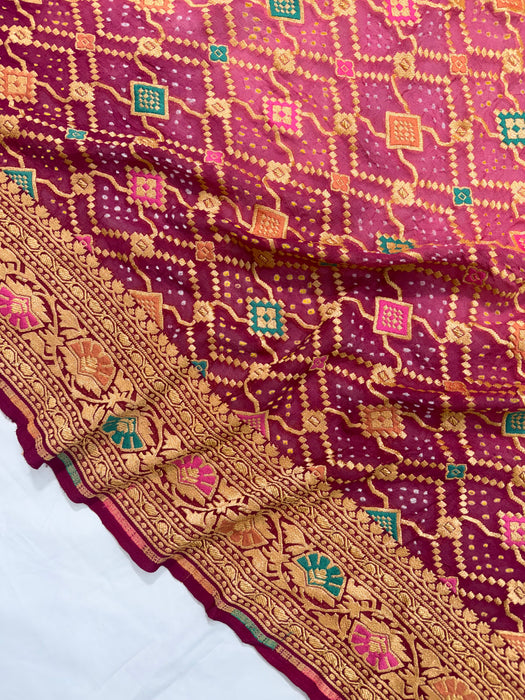 Handwoven Pink Pure Georgette Bandhani Banarasi Saree - Meenakari Work