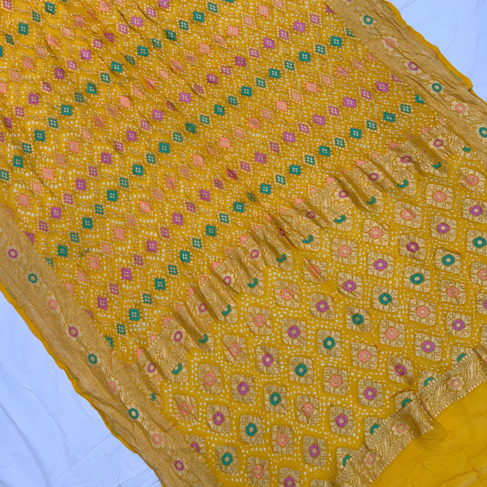 Handwoven Yellow Pure Georgette Bandhani Banarasi Saree - Meenakari Work