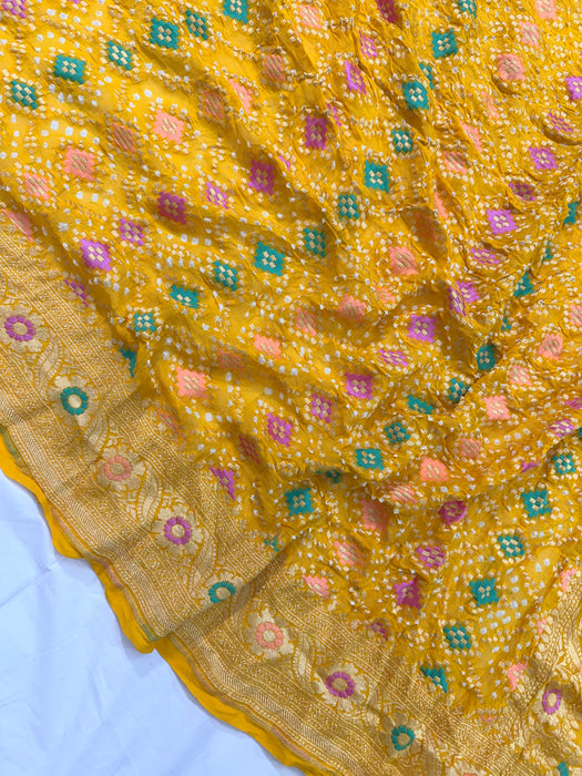 Handwoven Yellow Pure Georgette Bandhani Banarasi Saree - Meenakari Work
