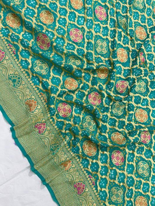Handwoven Pure Georgette Bandhani Banarasi Saree - Meenakari Work